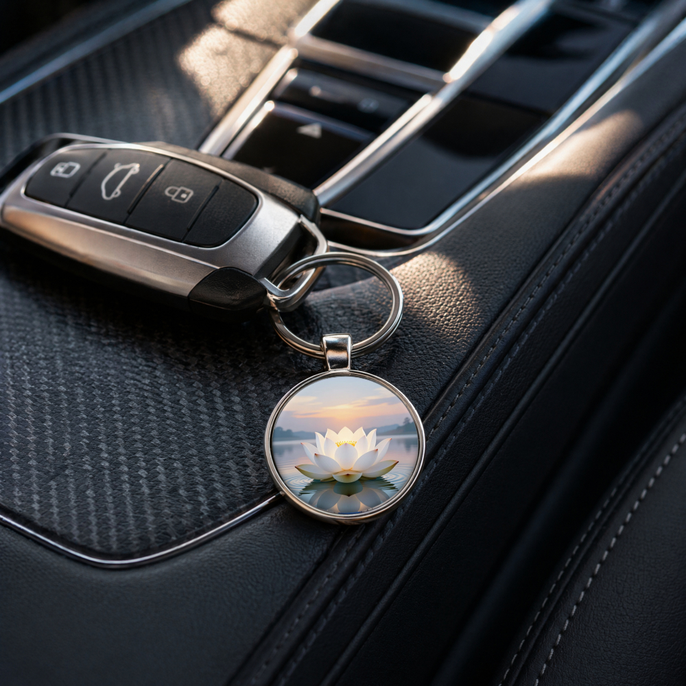 Fashionable Alloy Keychain with Lotus on Water at Sunset